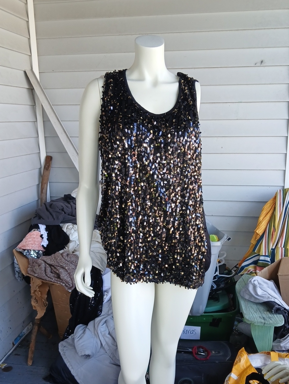 Verve Black Tank Top Blouse with Gold & Silver Sequins Size 3X